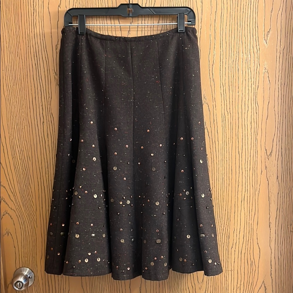Coldwater Creek Brown A-Line Midi Skirt with Embellished Details